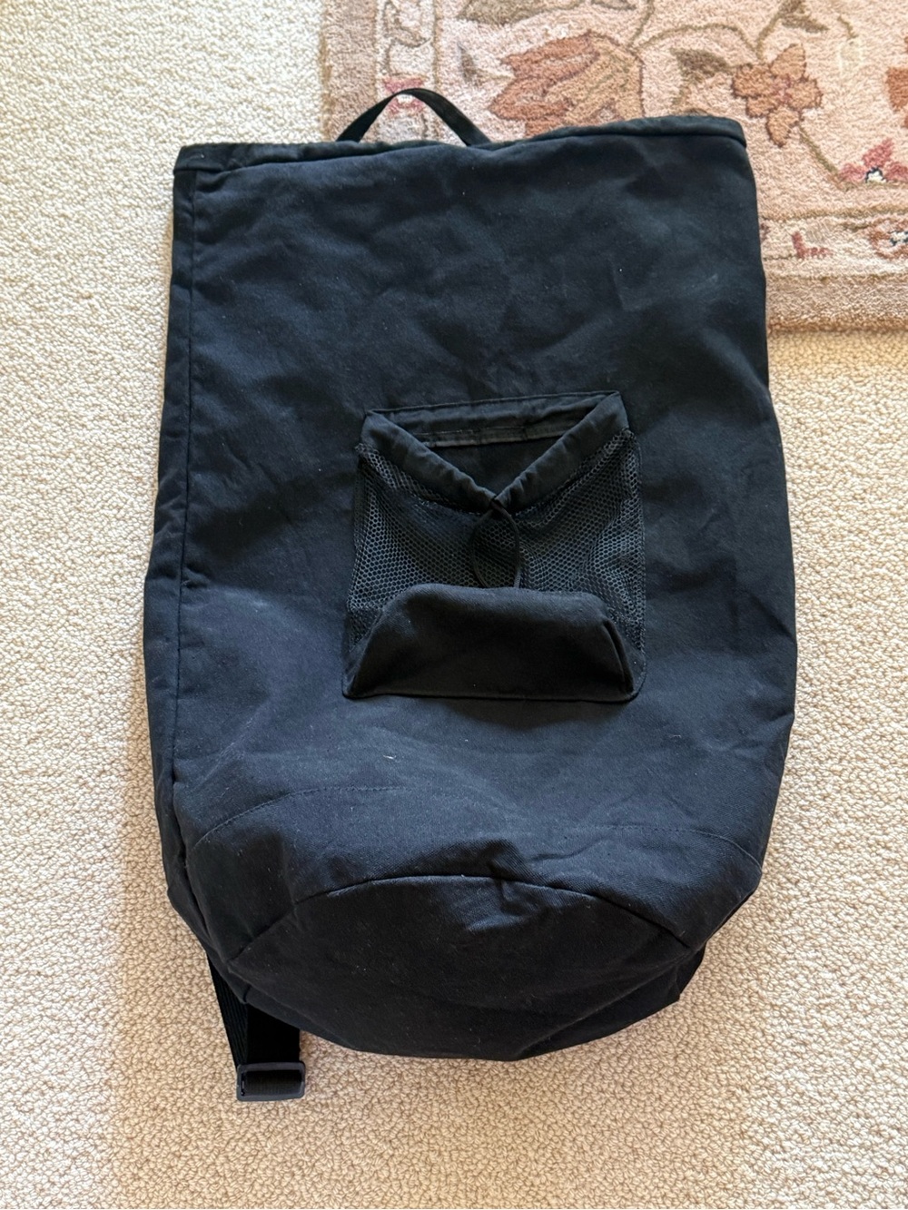 Black backpack laundry dorm Canvas Drawstring Backpack with Front Mesh Pocket